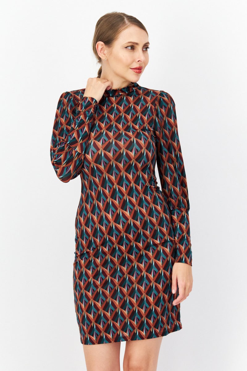 promod Women Allover Print Mini Dress, Brown Combo - Image 1